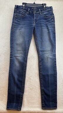 Women's Silver Kellii Boyfriend Medium Wash Embroidered Denim Blue Jeans 26x31